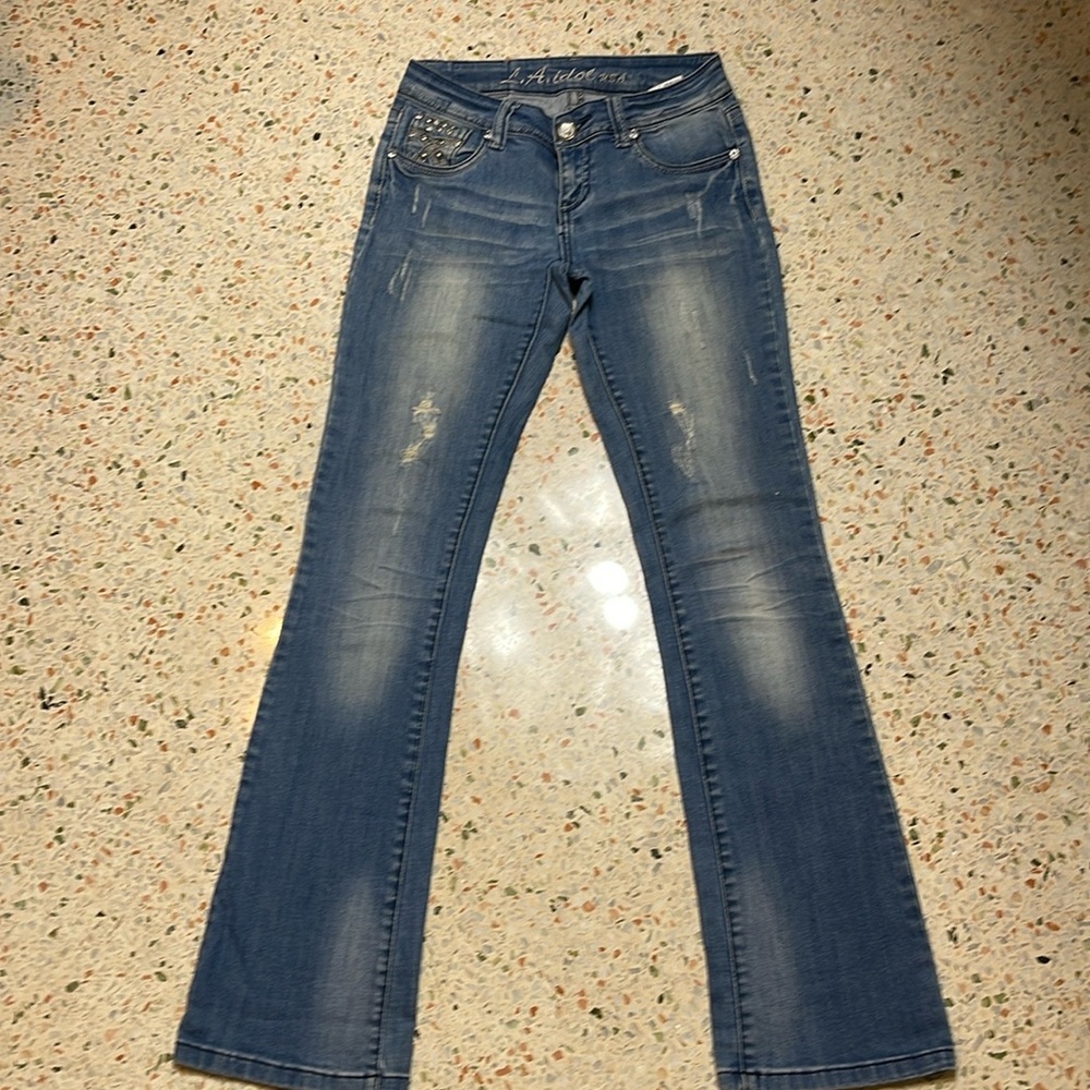 LA idol USA jeans Size 3 W28/33LONG  Distressed Stretch Jeans